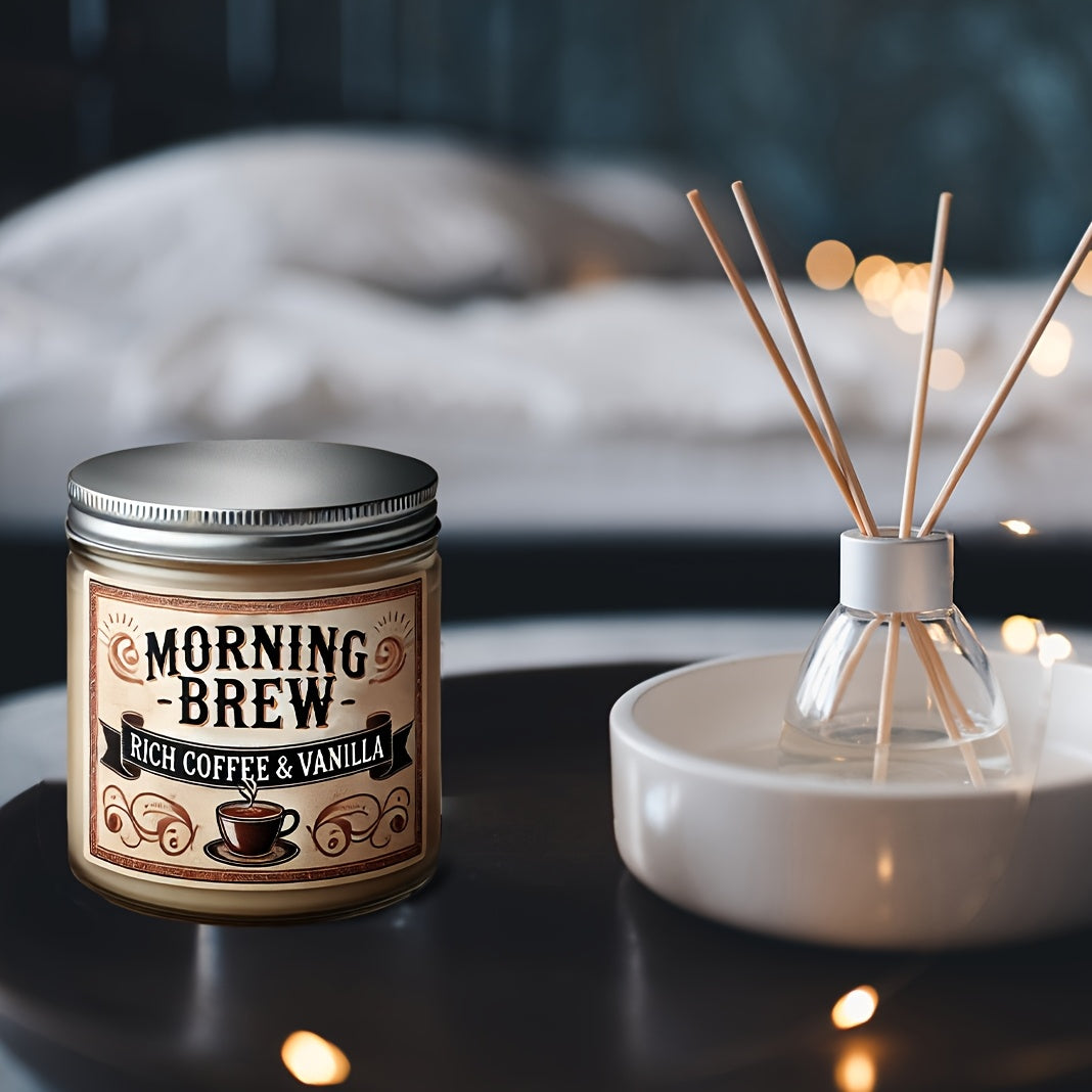 Morning Brew Rich Coffee & Vanilla Scented Candle, Hand-Poured Soy Wax, Single-Wick, Resin Jar with Glitter Embellishment, for Home Aromatherapy, Stress Relief, Decorative Gift for Holidays - Christmas, Easter, Thanksgiving,