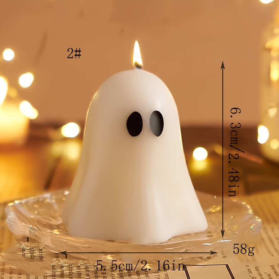 Vela artesanal con aroma a fantasma de Halloween: aroma a lavanda, mecha única, diseño de tarro con detalle de lazo.