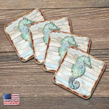 Juego de 4 posavasos de corcho de madera con diseño de caballito de mar de Nature Wonders - Decoración costera de vida marina - 8198517-2-9C-S4
