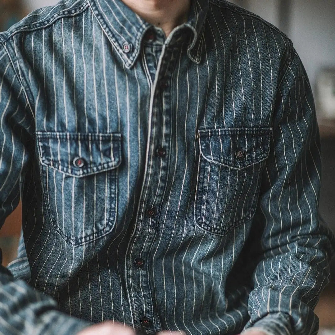 Vintage Vertical Stripes Denim Shirt Workwear Washed Old Long Sleeve Men - Lootquake