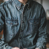 Vintage Vertical Stripes Denim Shirt Workwear Washed Old Long Sleeve Men - Lootquake