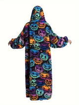 Sweat à capuche en flanelle imprimé citrouille grande taille - Doux, confortable, pelucheux, à capuche, vêtement d'hiver pour femme sur le thème d'Halloween