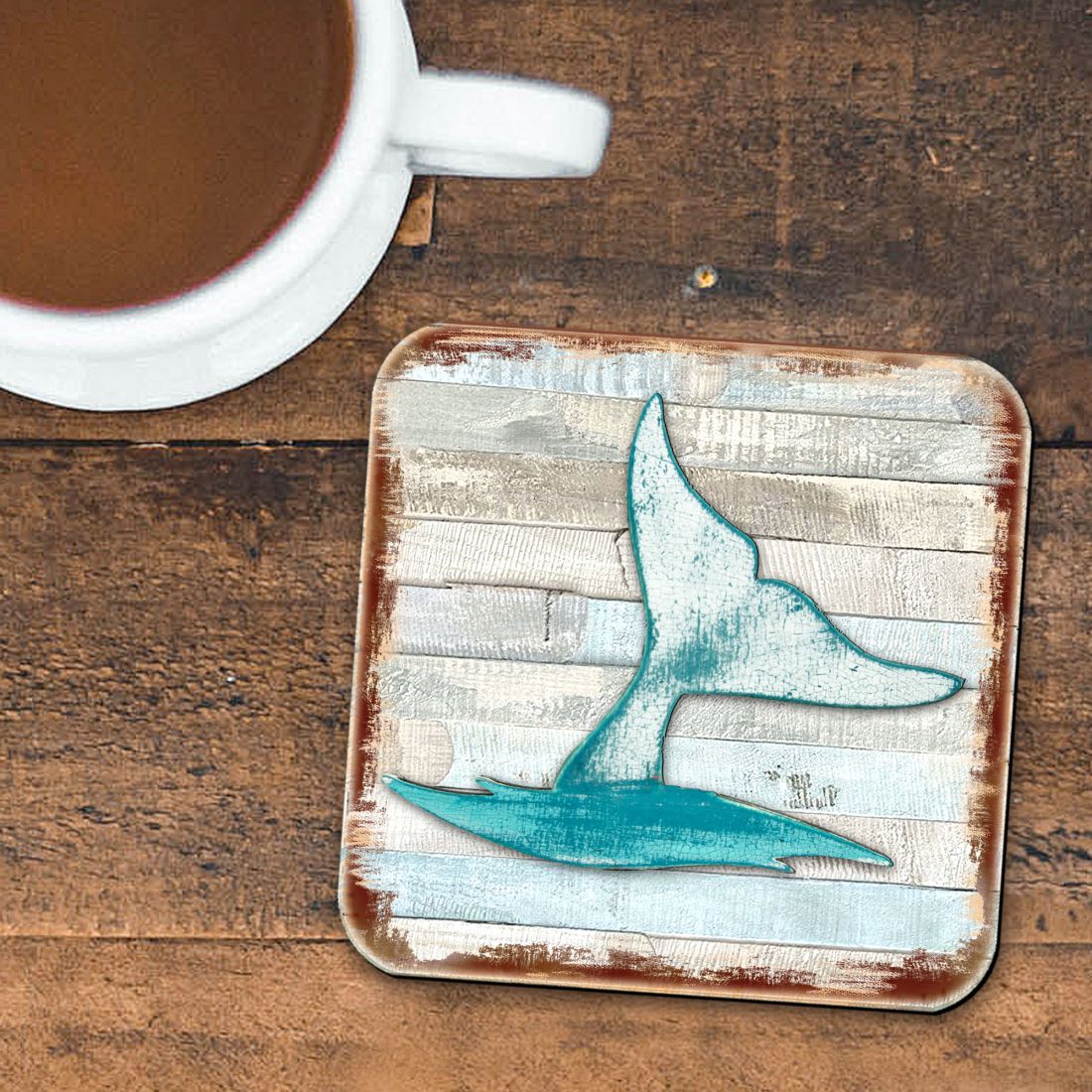 Juego de 4 posavasos de corcho de madera con diseño costero "Whales Tale" de Nature Wonders - Decoración costera con temática marina - 8198535-9C-S4