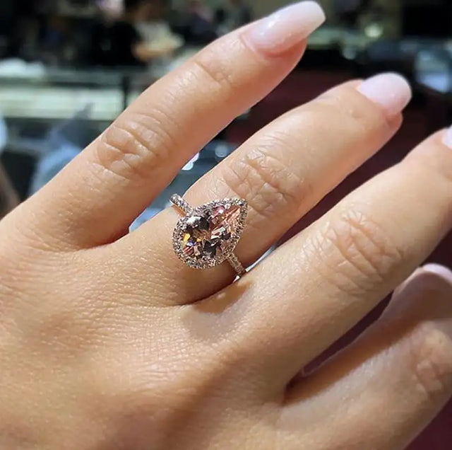 European And American 18K Rose Gold Plated Inlaid Pink Crystal Water Drop Pear-shaped Ring - Lootquake