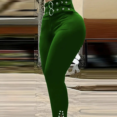 Ladies' Buckle And High Waisted Perforated Pants Sexy Slim Fit Pants Sexy Versatile New Clothes - Lootquake