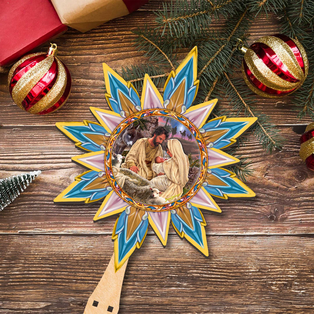 Classic Nativity Star Tree Topper Wooden Décor by D. Gelsinger - Nativity Holiday Décor - 89502-DG