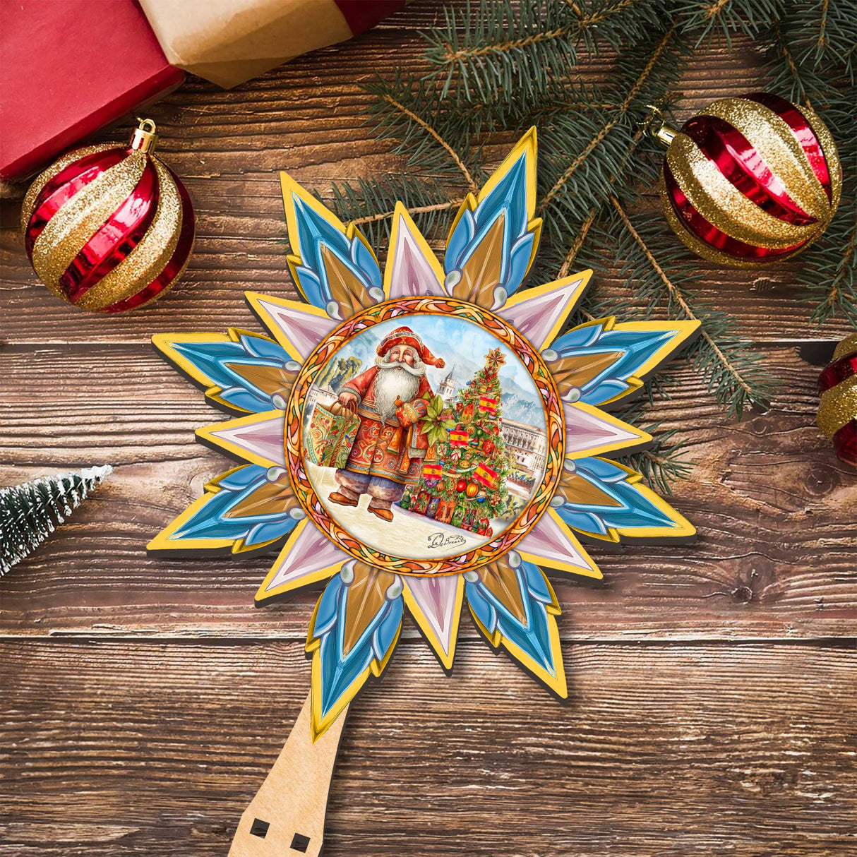 Decoración de madera para la punta del árbol de Papá Noel, de inspiración española, de G. Debrekht - Decoración de muñeco de nieve de Papá Noel - 89524
