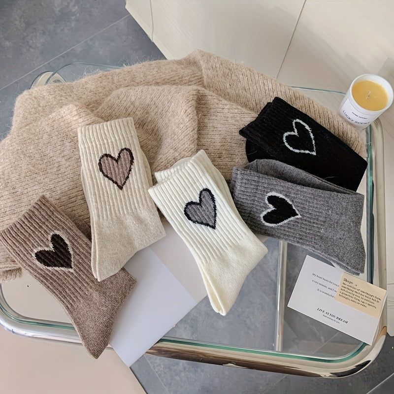 Lot de 3/5 paires de chaussettes côtelées à motif cœur, chaussettes mi-hautes confortables et douces, bas et collants pour femmes