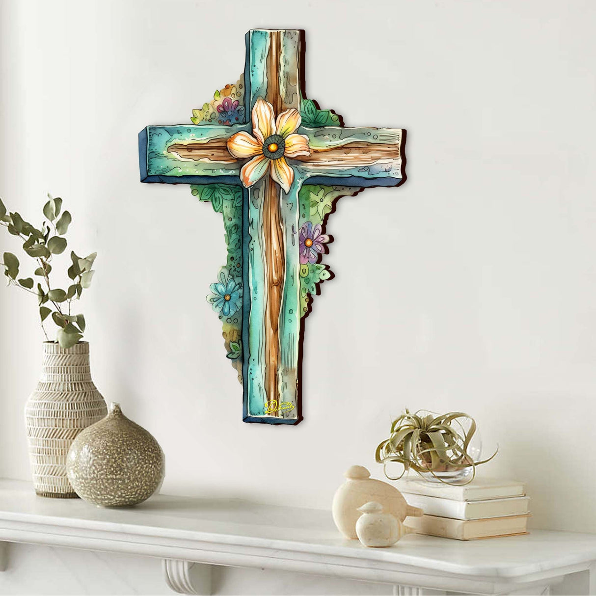 Cruz de madera verde azulado de G. Debrekht - Decoración de primavera para Pascua - 88164