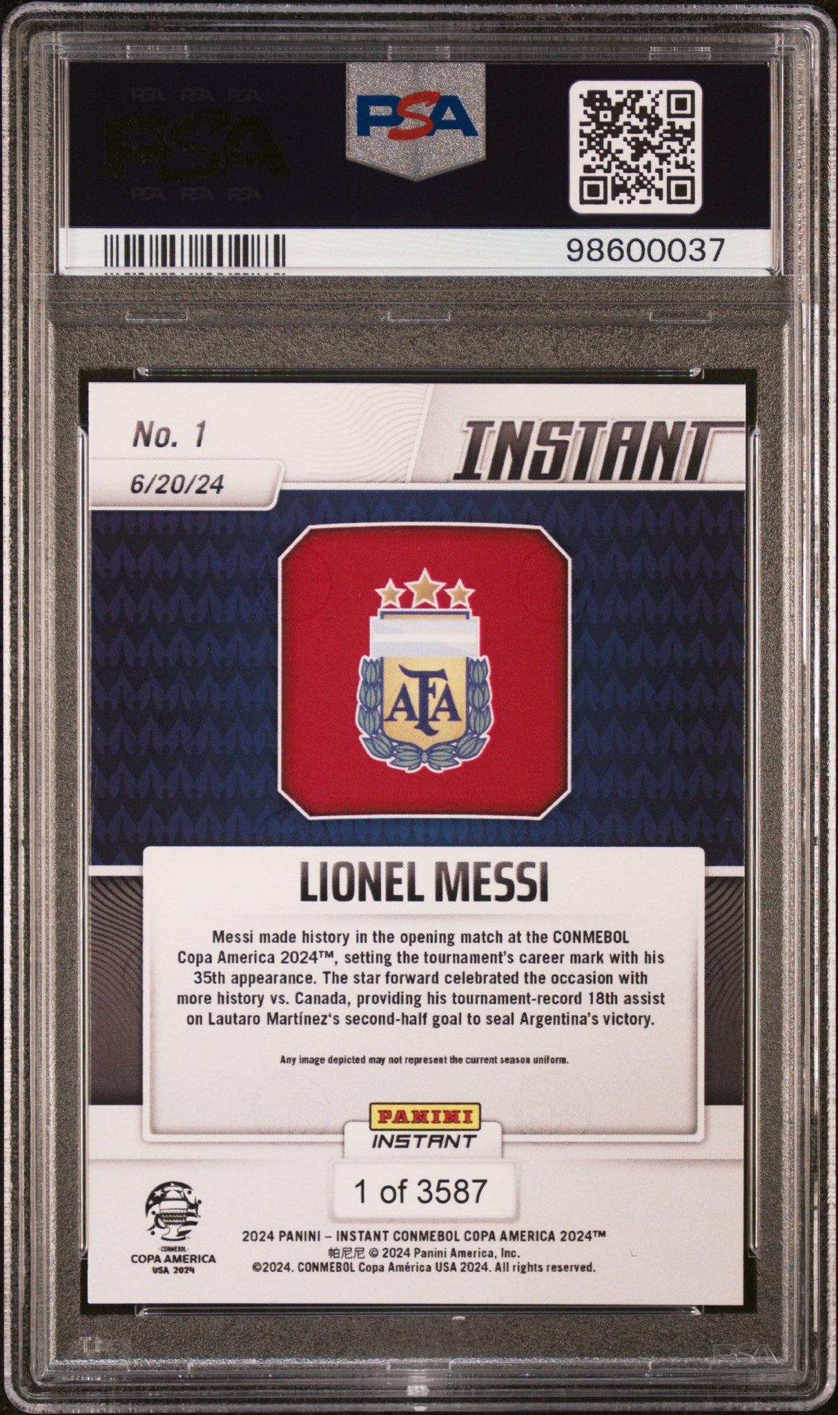 Tarjeta de fútbol Panini Instant Lionel Messi n.° 1 de la Copa América (PSA 10 Gem Mint) clasificada en 2024