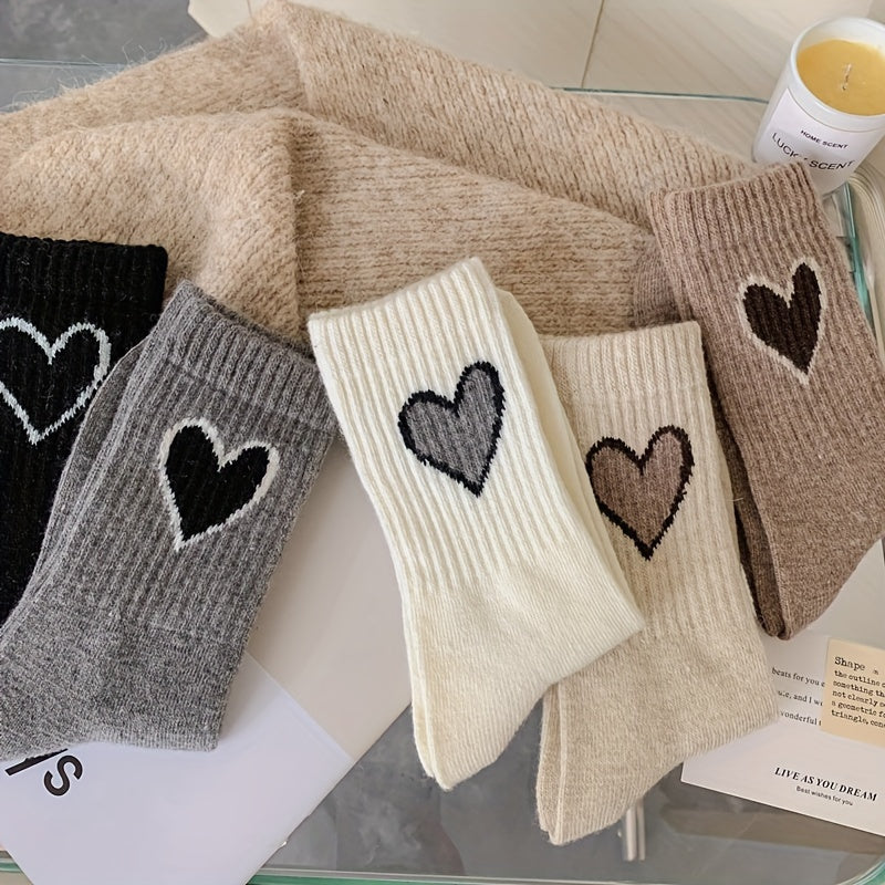 Lot de 3/5 paires de chaussettes côtelées à motif cœur, chaussettes mi-hautes confortables et douces, bas et collants pour femmes