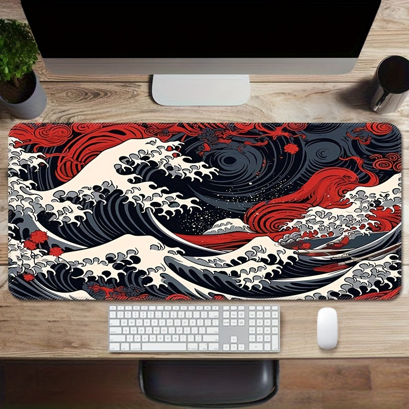 Grand tapis de souris de jeu Red Wave – Tapis de bureau en caoutchouc antidérapant avec bords cousus avec précision, lavable, forme rectangulaire oblongue pour l'eSport et le bureau