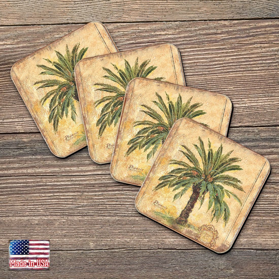 Palm Tree Coastal Wooden Cork Coasters Gift Set of 4 by Nature Wonders - Coastal Sea-Life Decor - 8198630C-S4