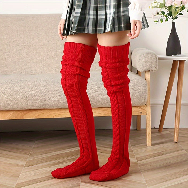 Calcetines altos de punto trenzado cómodos - Medias suaves y elegantes por encima de la rodilla para mujer - Calidez invernal, ajuste perfecto, talla única