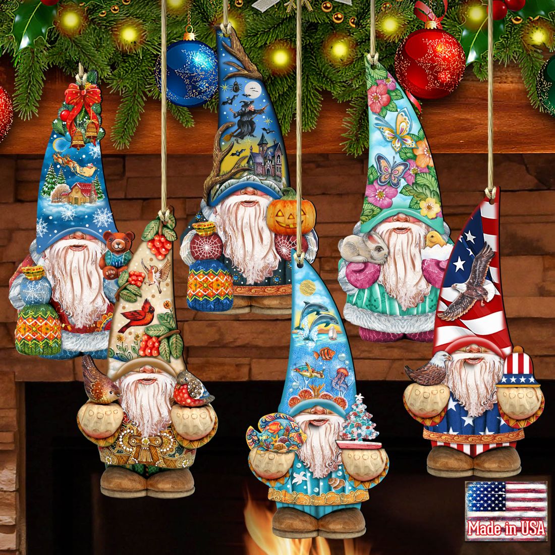 Adornos de madera Gnome Friends (juego de 6) de G. DeBrekht - Decoración navideña de Papá Noel y muñeco de nieve - 8611010-S6