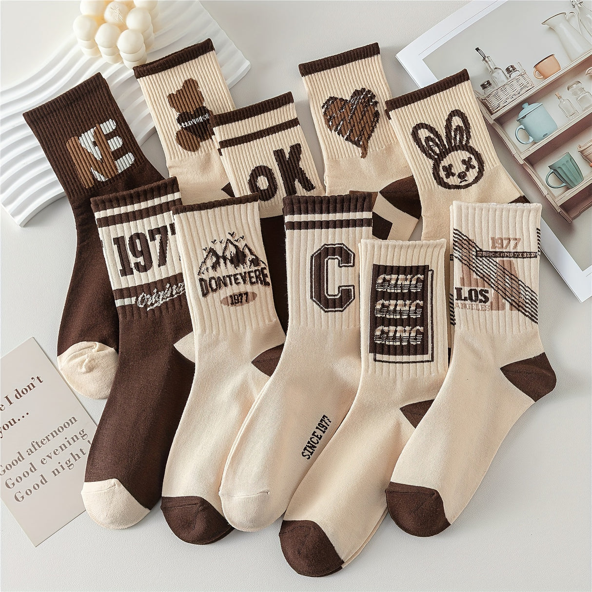 10 Pairs of Vibrant Cartoon Pattern Mid Tube Socks - Soft, Breathable, and Comfortable Women's Stockings & Hosiery for Everyday Wear
