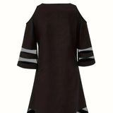 Ladies' Abstract Printed Color Blocked Off Shoulder Contrasting Mesh Casual Dress - Lootquake