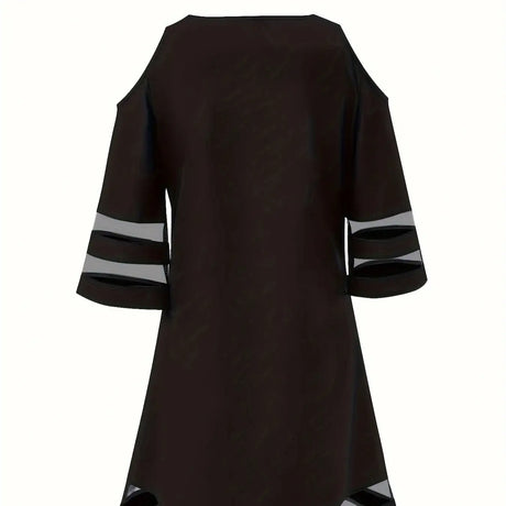Ladies' Abstract Printed Color Blocked Off Shoulder Contrasting Mesh Casual Dress - Lootquake