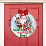 Letrero de Papá Noel, por favor, deténgase aquí. Letrero de bienvenida para la puerta principal. Pancarta de entrada principal. Letrero de bienvenida - Decoración de porche delantero de madera - 933116H