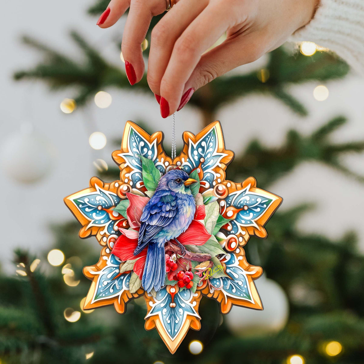 Blue Bird Snowflake Wooden Ornaments by G. Debrekht - Nature Wildlife Decor - 8688410