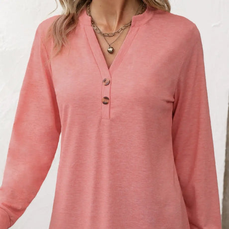 Ladies' Fashion New Button Peach Red Open Neck T-shirt Casual Top - Lootquake