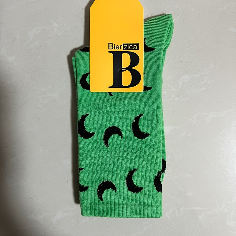 1 Pair Moon Pattern Trendy Y2K Hip Hop Socks, Casual Versatile Soft Comfortable Outdoor Sports Socks