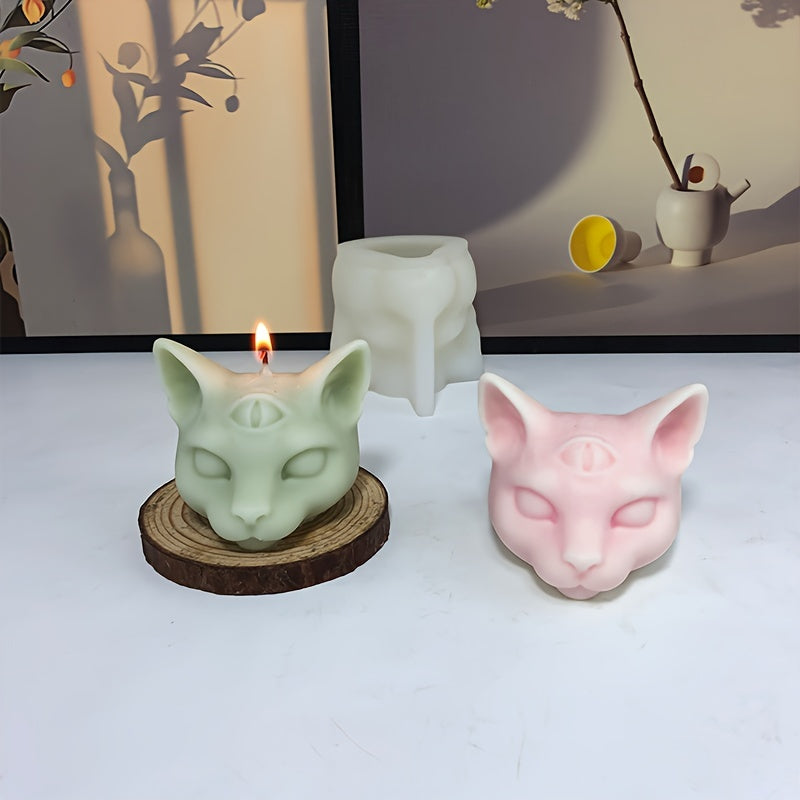 Molde de silicona para vela perfumada con forma de gato de tres ojos en 3D, moldes de silicona con forma de cabeza de gato malvado para hacer velas, chocolate, jabón epoxi, moldes con forma de animal para Halloween, decoración del hogar.