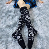 Calcetines hasta la rodilla con estampado de letras y sol de dibujos animados, cómodos y combinables, medias y calcetería para mujer