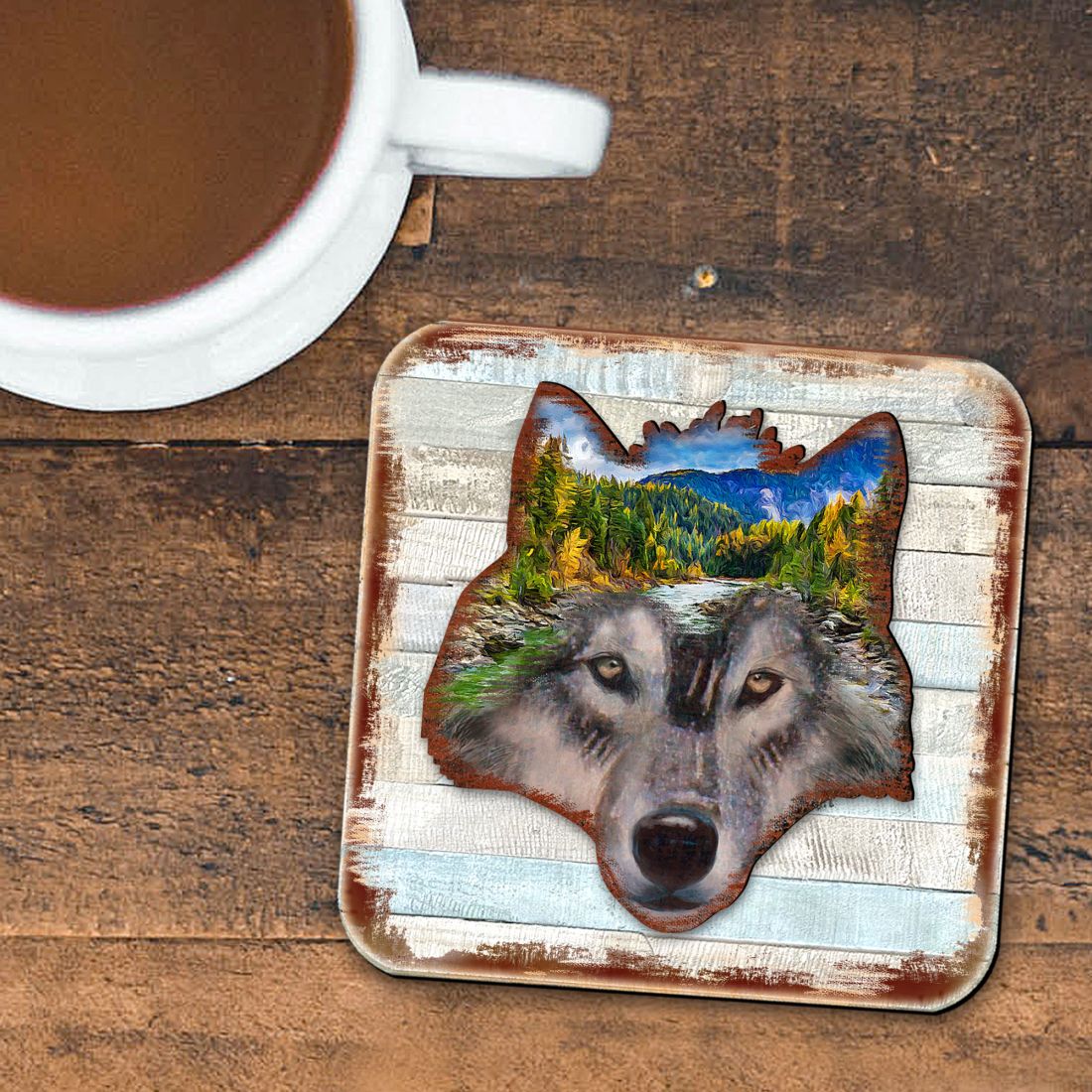 Juego de 4 posavasos de corcho de madera con cara de lobo de Nature Wonders - Decoración de vida silvestre - 8198227-4-9C-S4
