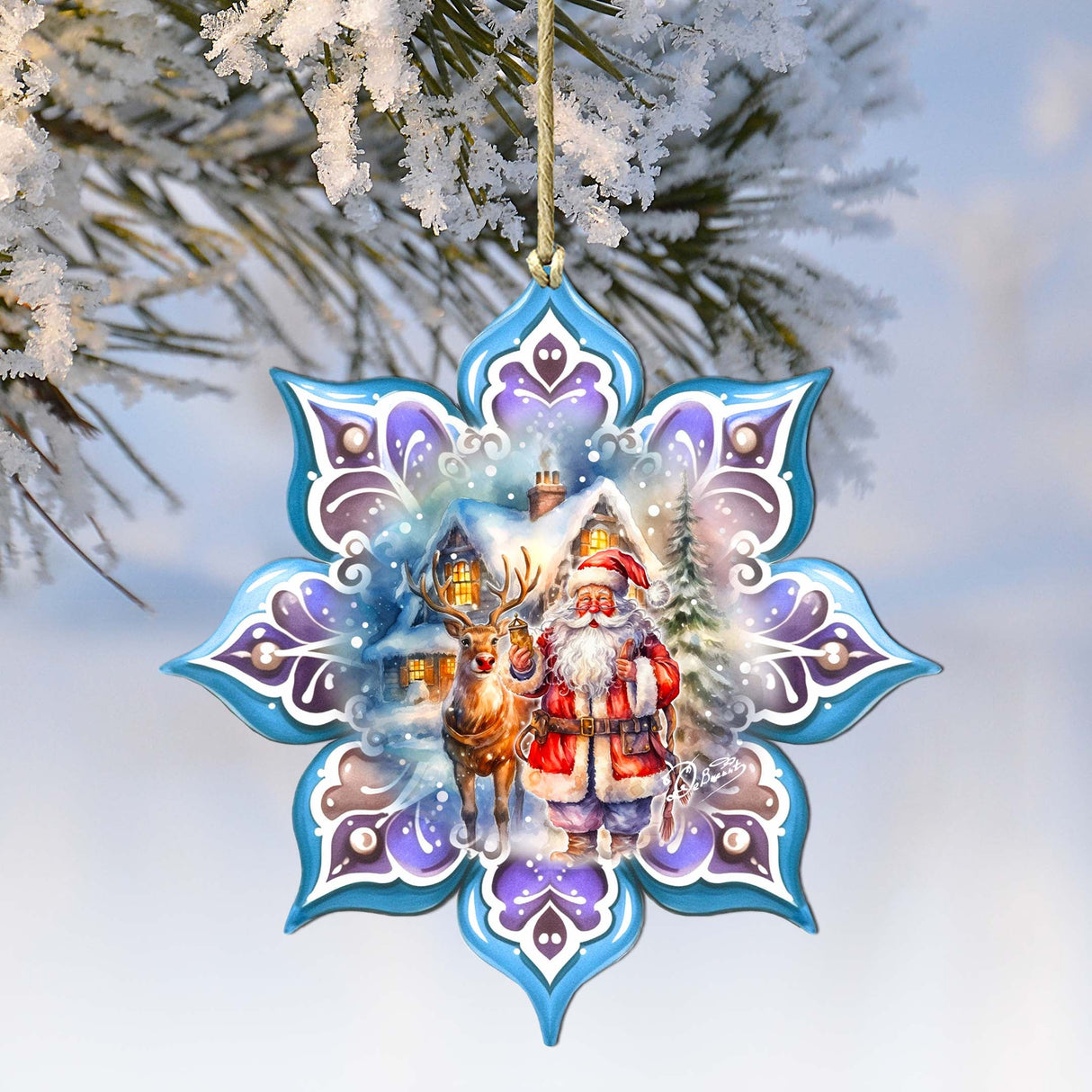 Santa with Reindeer Snowflake Wooden Ornaments by G. Debrekht - Christmas Santa Snowman Decor - 8688405