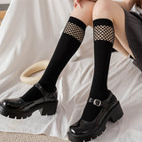 Calcetines de rejilla con patchwork hasta la pantorrilla, calcetines hasta la rodilla estilo universitario JK, medias y calcetería para mujer