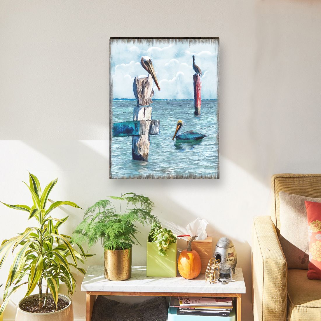 Arte de pared costero de madera con aves pacíficas, pelícanos y gaviotas de Nature Wonders - Decoración costera de vida marina - 95252-4B