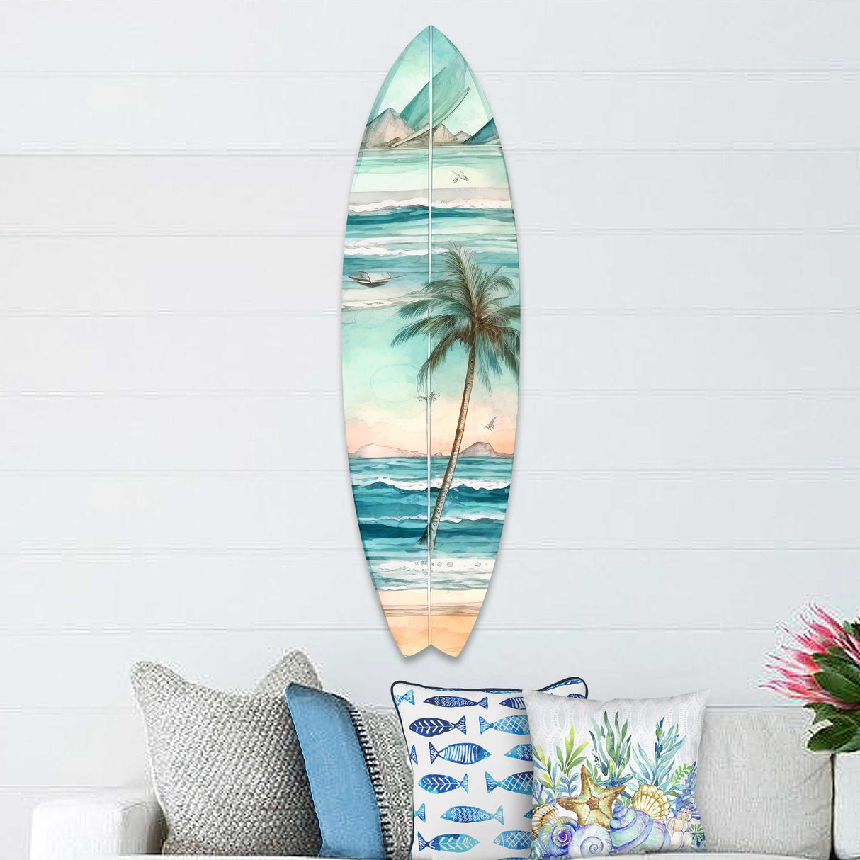 Tabla de surf con palmeras tropicales, arte mural costero de G. DeBrekht - Decoración costera navideña - 8490112HS