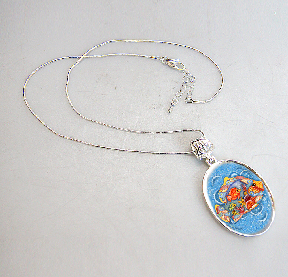 Fishy Family Silver Plated Mother of Pearl Jewelry Pendant Necklace Coastal - 44050