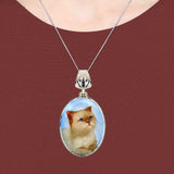 White Cat Angled Silver-Plated Mother of Pearl Jewelry Pendant Necklace - 44016