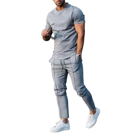 Solid Color Casual Round Neck Short Sleeves T-shirt Trousers Two-piece Set - Lootquake