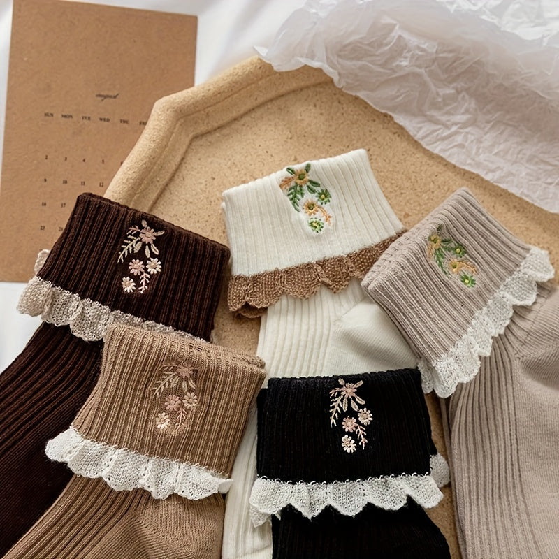 5 pares de calcetines con encaje floral, suaves y cálidos, acanalados hasta el tobillo, medias y calcetería para mujer