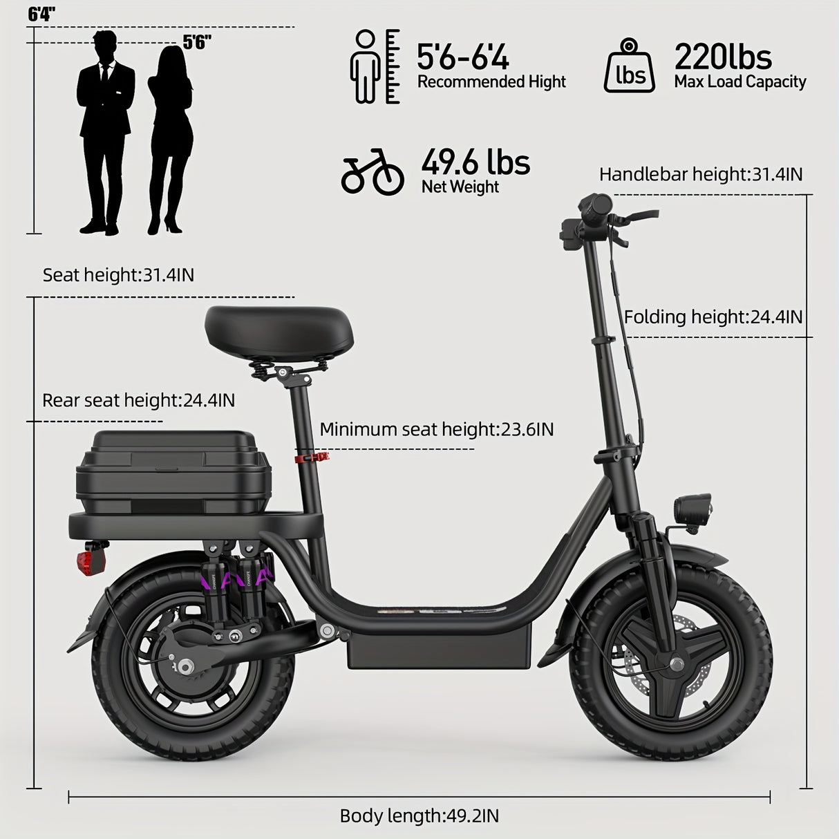 Trottinette électrique pour adultes, avec siège, moteur 740 W, autonomie jusqu'à 32 km/h, batterie 48 V 56,4 V 15 Ah, pneu 14 pouces, avec boîte arrière.