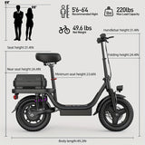 Trottinette électrique pour adultes, avec siège, moteur 740 W, autonomie jusqu'à 32 km/h, batterie 48 V 56,4 V 15 Ah, pneu 14 pouces, avec boîte arrière.