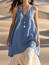 Fashion Sleeveless Cotton Linen Solid Color And V-neck Beach Dress