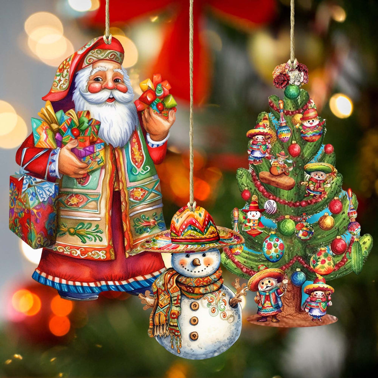 Santas Around the World - Mexican Inspired Santa - Wooden Ornaments Set of 3 by G. DeBrekht Christmas Santa Snowman Decor - 8091308S3