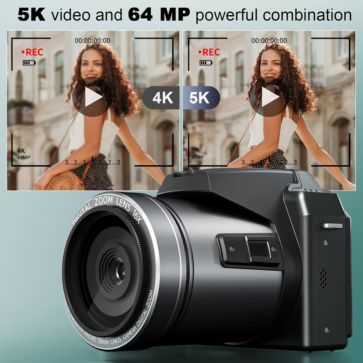 Cámara digital NBD de 64 MP para fotografía, videocámara 5K para YouTube con pantalla abatible de 3", zoom digital de 16x, enfoque automático, 2 baterías, tarjeta TF de 32 GB (S205, negra)