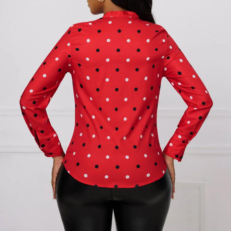 Ladies' Fashionable And Elegant Printed Polka Dot Solid Color Long Sleeved Shirt Top With Elegant Orientation - Lootquake