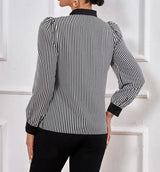 Ladies' New Striped V-neck Cuff Collar Color Block Splicing Fashion Shirt - Lootquake