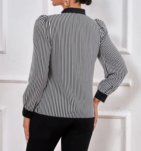 Ladies' New Striped V-neck Cuff Collar Color Block Splicing Fashion Shirt - Lootquake