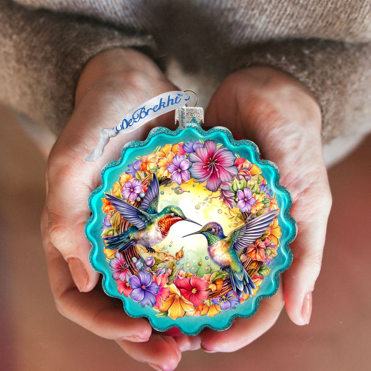 Hummingbirds Wreath Glass Ornament by G. Debrekht - Wildlife Holiday Decor - 759-061