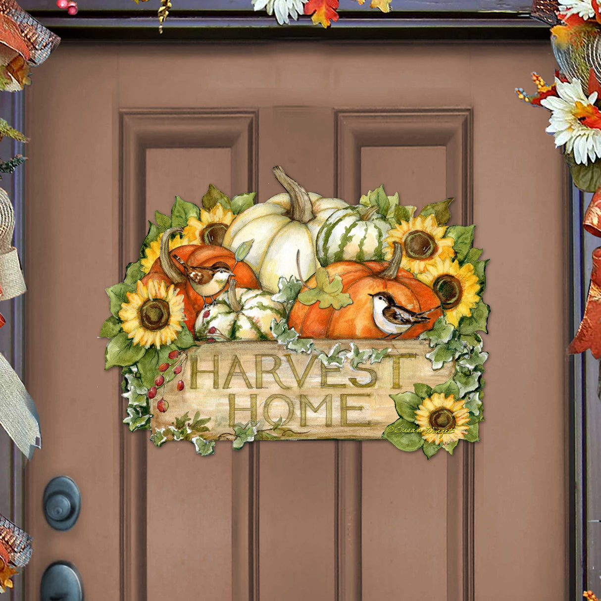 Harvest Welcome Sign - Fall Decoration Cornucopia Door Decor Handmade Gift by Susan Winget Autumn Porch Decor - 8471210H-SW
