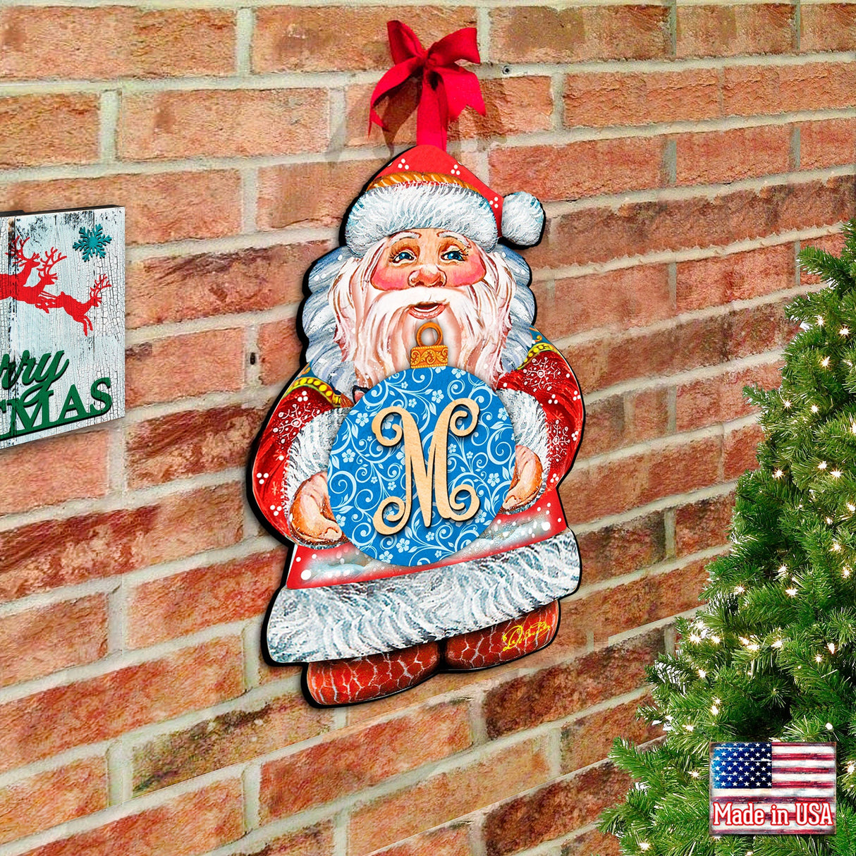Custom Letter Vine Script Monogram Santa Door Hanger by G. DeBrekht - Christmas Santa Snowman Decor - 8117810G-9H