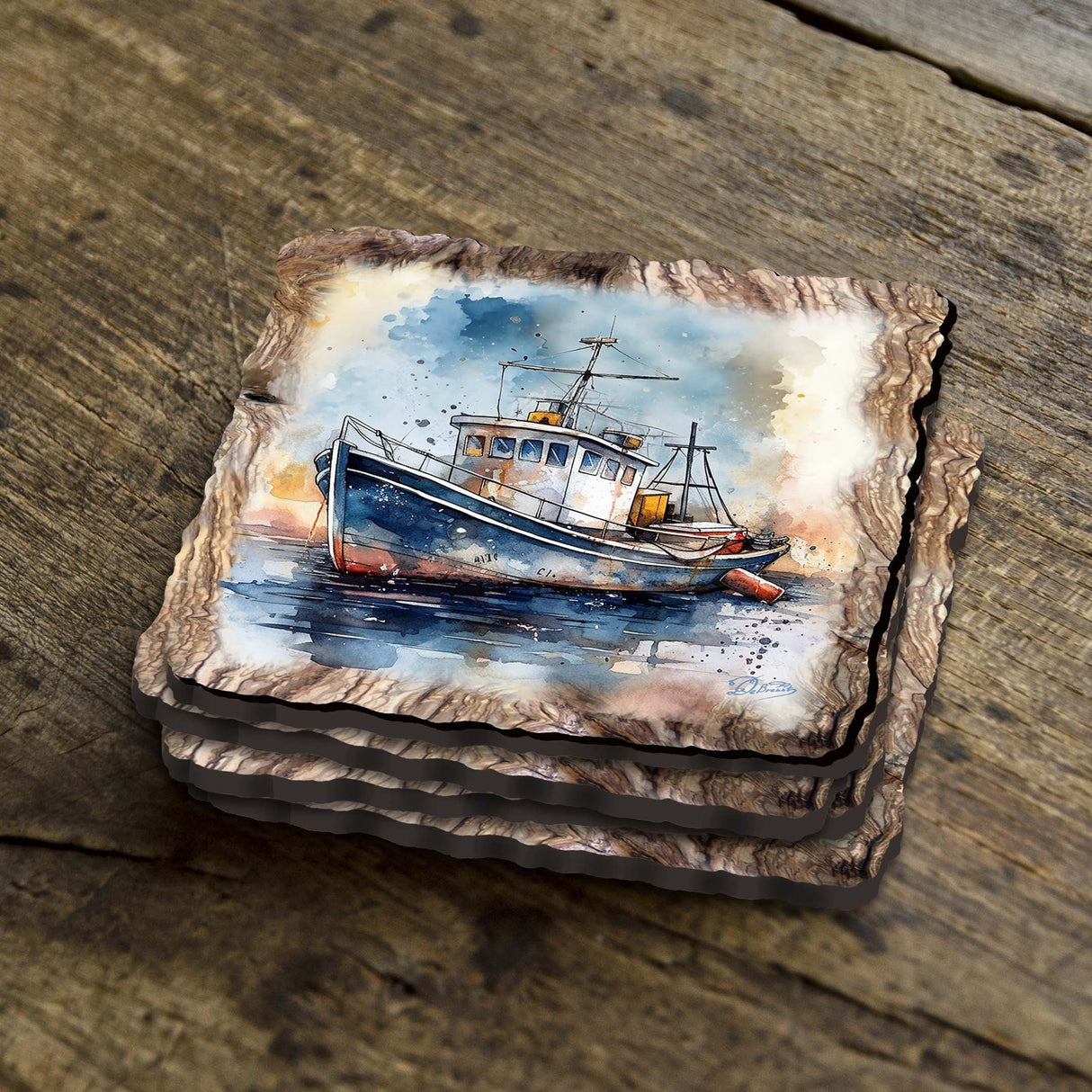 Fishing Boats Wooden Cork Coasters Gift Set of 4 by Nature Wonders Coastal Nature Wildlife Decor  - 95402C-S4