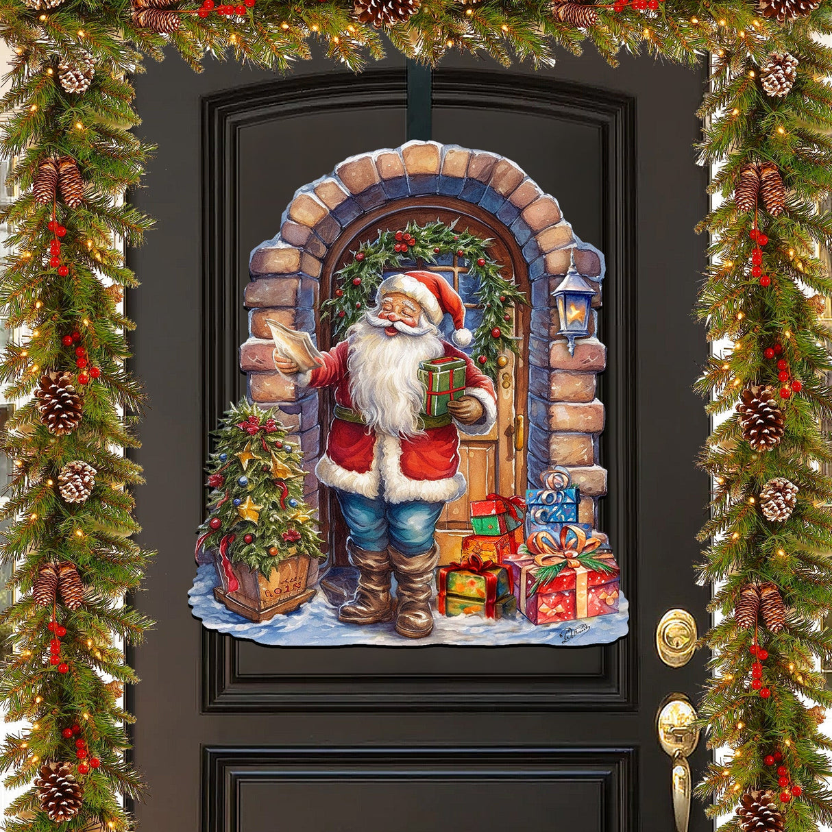 Decoración navideña para puerta con la visita sorpresa de Papá Noel de G. Debrekht - Decoración navideña con muñeco de nieve de Papá Noel - 8611045H